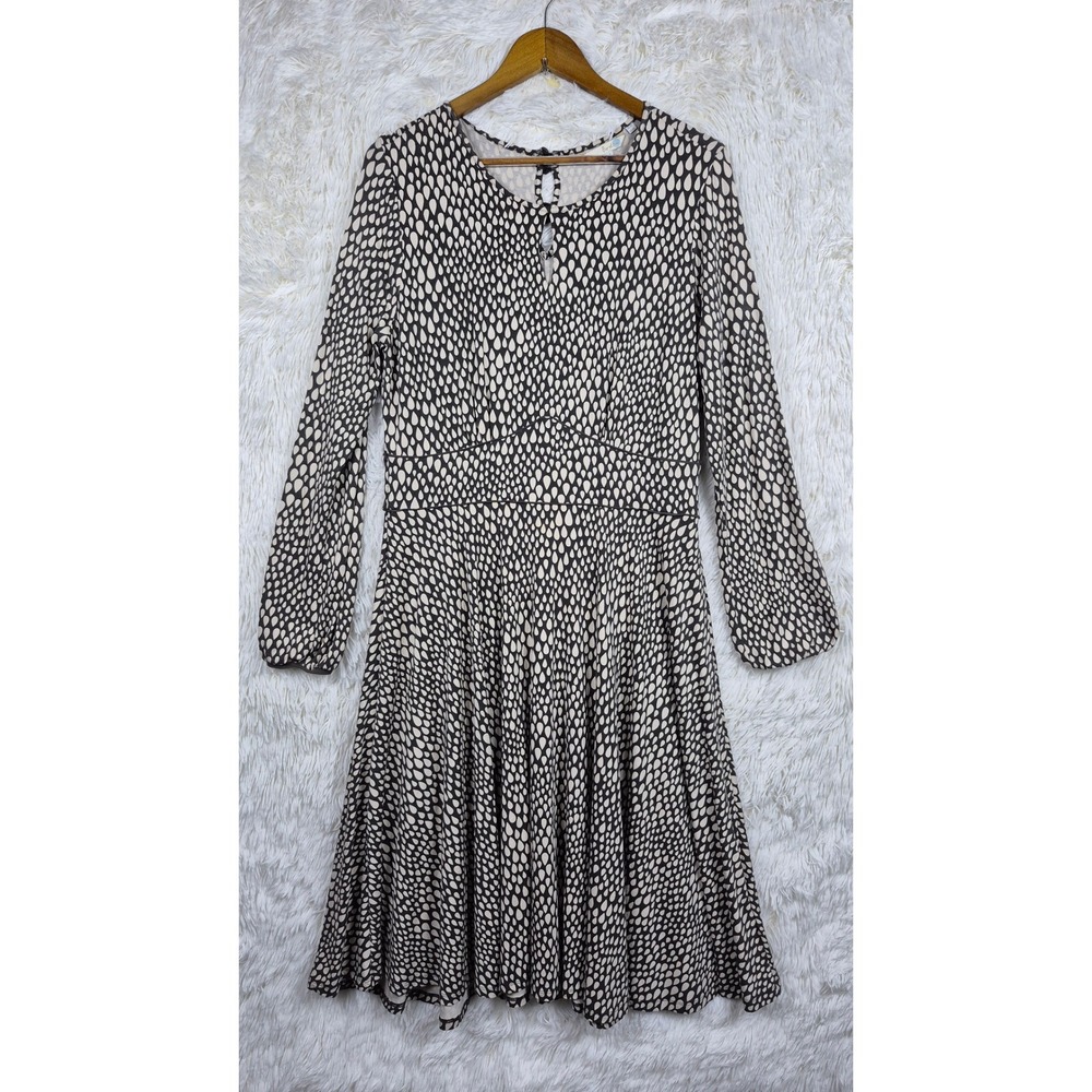 Boden Long Sleeve Jersey Midi Dress Black Cream Teardrop Dot Size 14L Retro